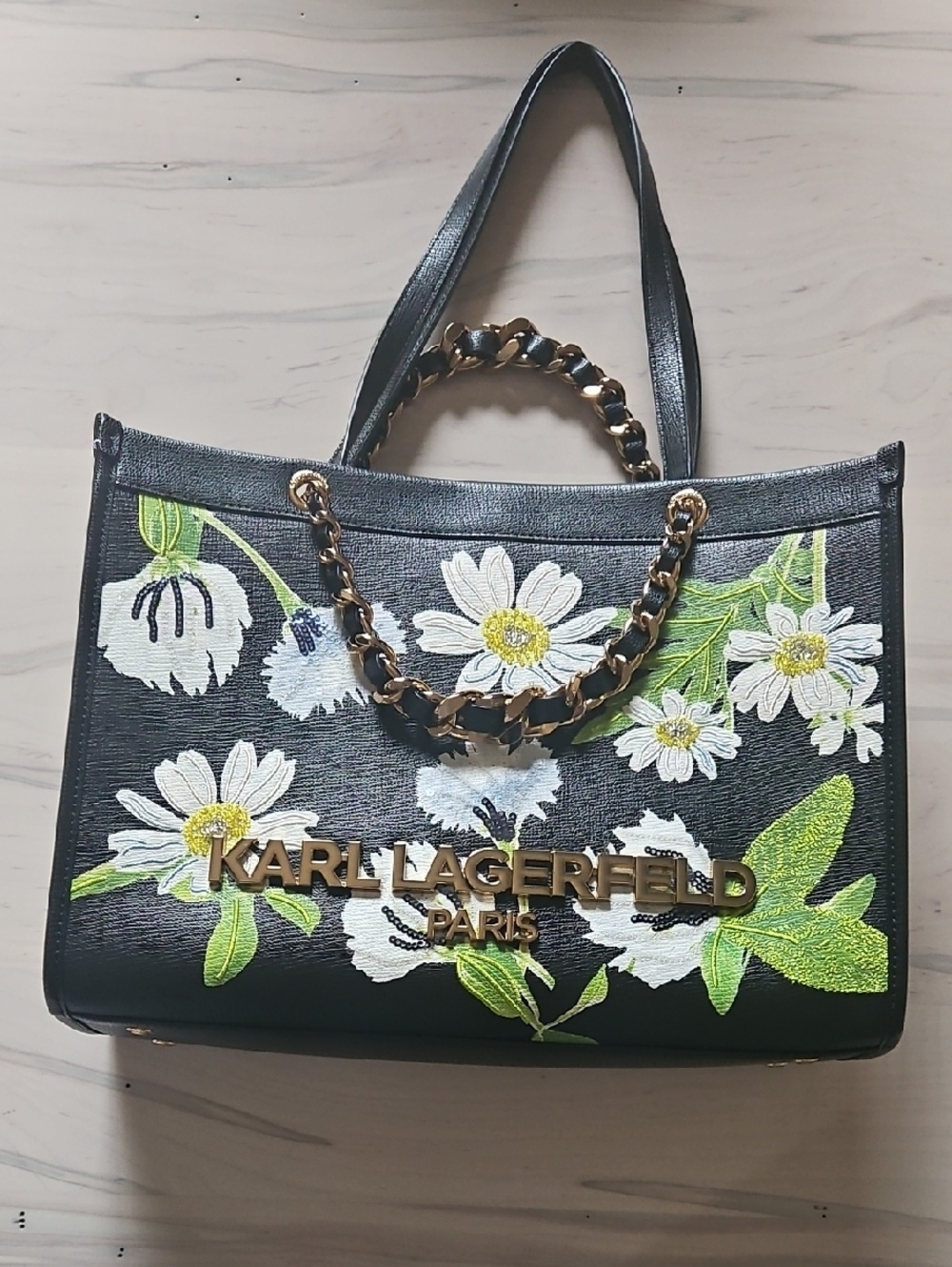 Nwt.Karl Lagerfeld Black Tote with White Daisy Embroidery and Gold Hardware